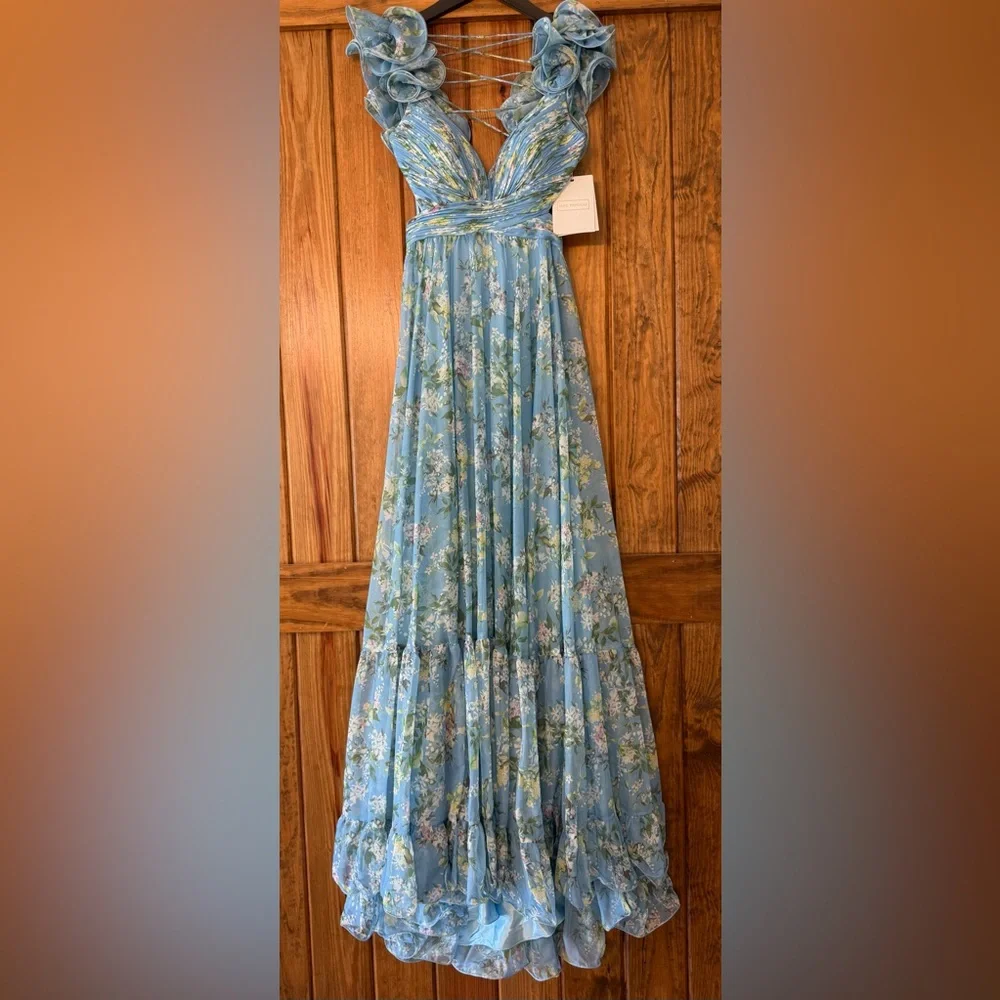 Mac Duggal 🩵 Blue Floral Ruffle Tiered Cut-Out Chiffon Gown – Size 8 NWT - Picture 8 of 16